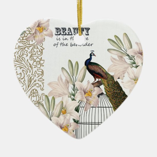 Elegant Lilies Peacock Heart Keramisch Ornament (Voorkant)