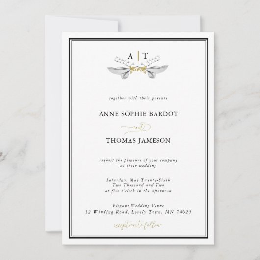 Elegant Lily van Valley Crest Black White Wedding Kaart (Voorkant)