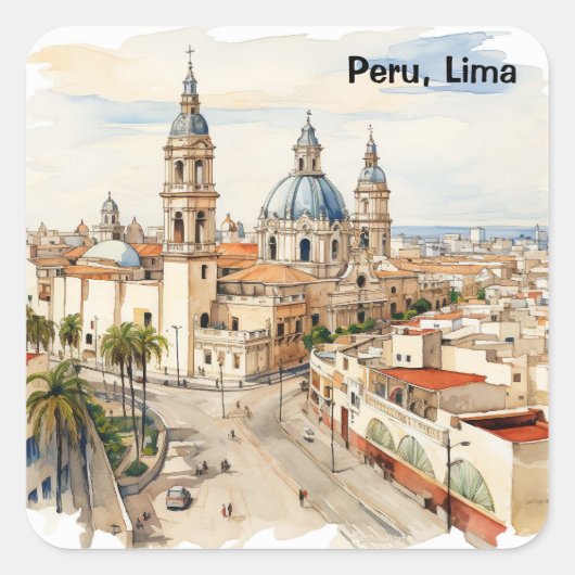 Elegant Lima Peru Aquarel Panorama Uitzicht Vierkante Sticker (Voorkant)