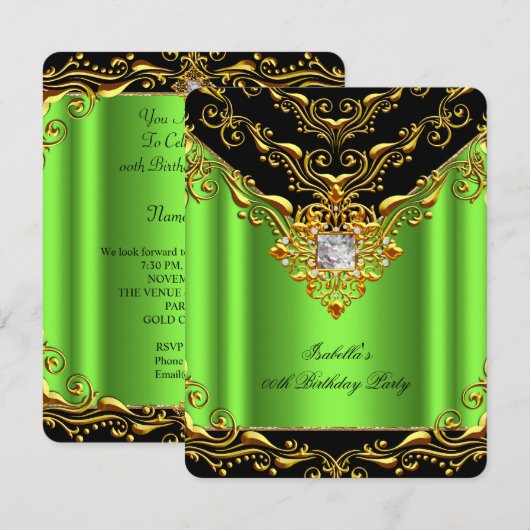 Elegant Lime Green Black op Gold Birthday Party Kaart (Voorkant / Achterkant)