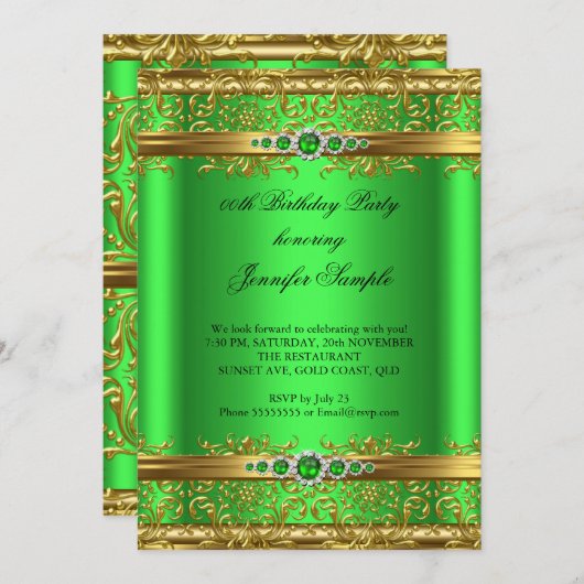 Elegant Lime Green Gold Damask Diamond Birthday Kaart (Voorkant / Achterkant)
