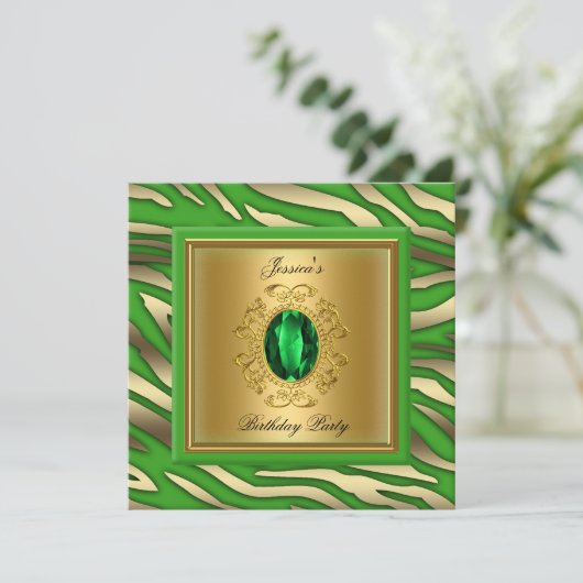 Elegant Lime Green Gold Zebra Birthday Party Kaart (Staand voorkant)