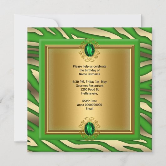 Elegant Lime Green Gold Zebra Birthday Party Kaart (Achterkant)
