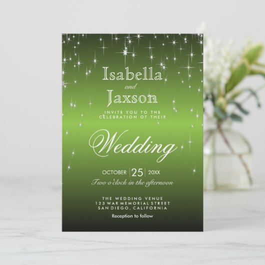Elegant Lime Green Star Lights Wedding Uitnodiging (Staand voorkant)