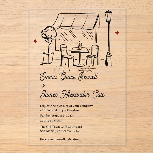 Elegant Line Art Café Minimalist Modern Wedding Acryl Uitnodigingen (Voorkant)