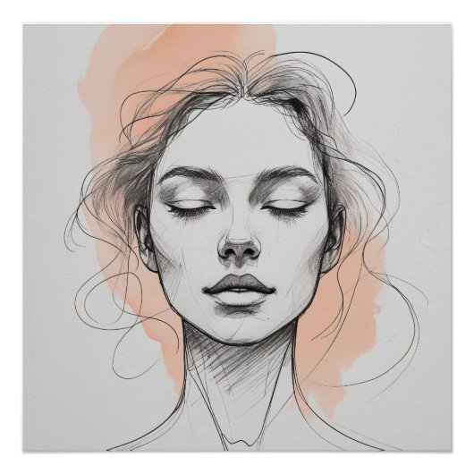 Elegant Line Art Female Portrait Poster – Soft Pea (Voorkant)