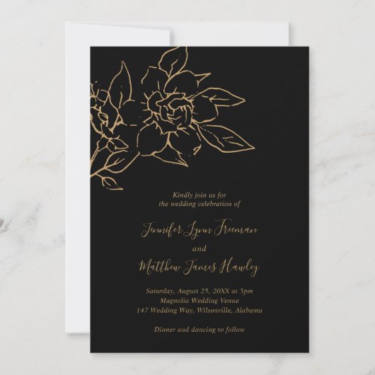 Elegant Line Art Floral Black Gold Wedding Kaart (Voorkant)