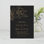 Elegant Line Art Floral Black Gold Wedding Kaart (Staand voorkant)