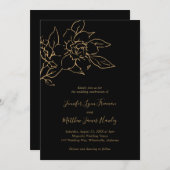 Elegant Line Art Floral Black Gold Wedding Kaart (Voorkant / Achterkant)