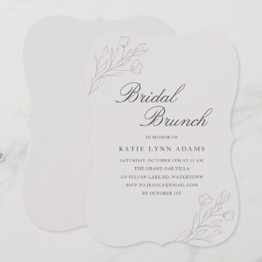 Elegant Line Art Floral Grey Bridal Brunch Kaart (Voorkant / Achterkant)