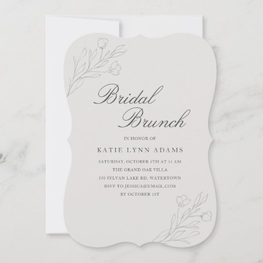 Elegant Line Art Floral Grey Bridal Brunch Kaart (Voorkant)