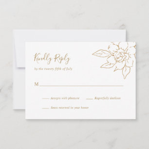 Elegant Line Art Magnolia Floral Gold Wedding RSVP Kaartje