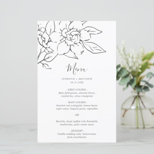 Elegant Line Art Magnolia Floral Wedding Menu (Staand voorkant)