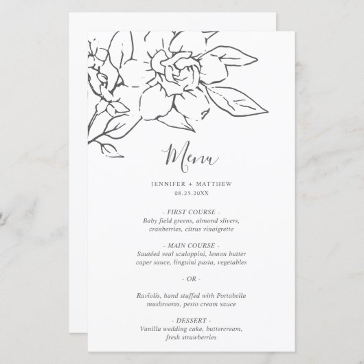 Elegant Line Art Magnolia Floral Wedding Menu (Voorkant / Achterkant)