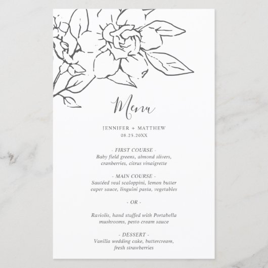 Elegant Line Art Magnolia Floral Wedding Menu (Voorkant)
