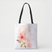 Elegant Line Art Woman with Tropical Flowers – Min Tote Bag (Voorkant)