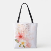 Elegant Line Art Woman with Tropical Flowers – Min Tote Bag (Achterkant)