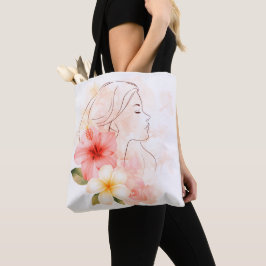 Elegant Line Art Woman with Tropical Flowers – Min Tote Bag