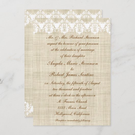 Elegant Linen en Lace Wedding Invitations Kaart (Voorkant / Achterkant)