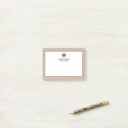 Elegant Linen Gold Monogram Post-it® Notes (Op bureau)