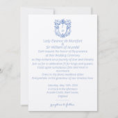 Elegant Linnen Blauwe Wapen Monogram Trouw Kaart (Voorkant)