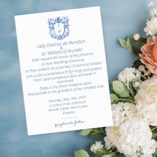 Elegant Linnen Blauwe Wapen Monogram Trouw Kaart