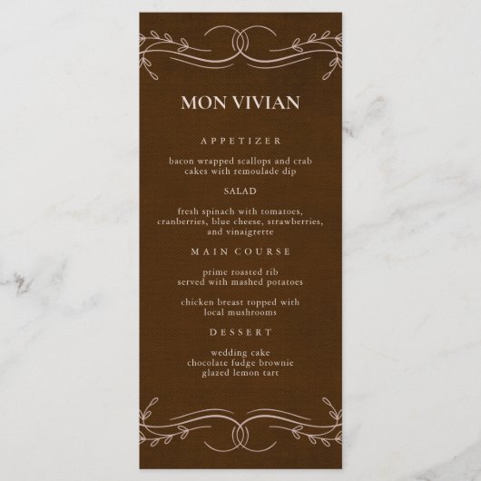 Elegant Linnen Espresso Bruin Gast Naam Diner Menu (Voorkant)