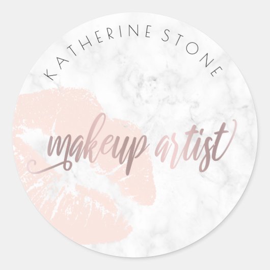 Elegant lippen witte marmer roos goudmake-up kunst ronde sticker (Voorkant)