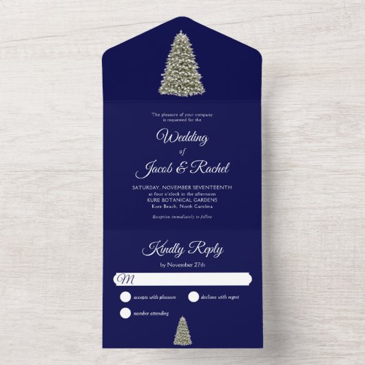 Elegant Lit kerstboom, Midnight Blue Weddenschap All In One Uitnodiging (Binnen)