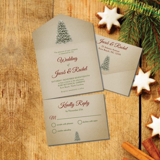 Elegant Lit kerstboom op Kraft Paper Wedding All In One Uitnodiging