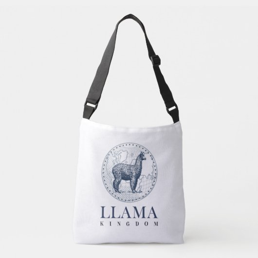 Elegant Llama met Wereldbol en Llama Kingdom Tekst Crossbody Tas (Voorkant)