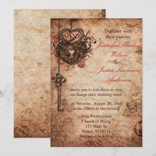 Elegant Lock en Key Wedding Invitation Kaart (Voorkant / Achterkant)