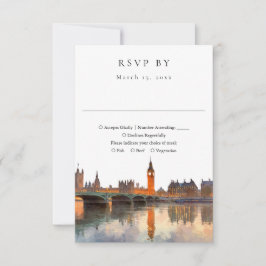 Elegant London Skyline Watercolor Wedding RSVP Kaartje