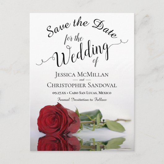 Elegant Long Stem Red Rose Wedding Save the Date Aankondigingskaart (Voorkant)