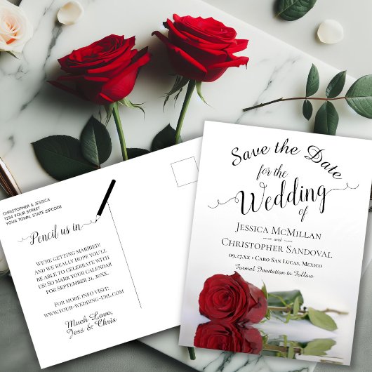 Elegant Long Stem Red Rose Wedding Save the Date Aankondigingskaart