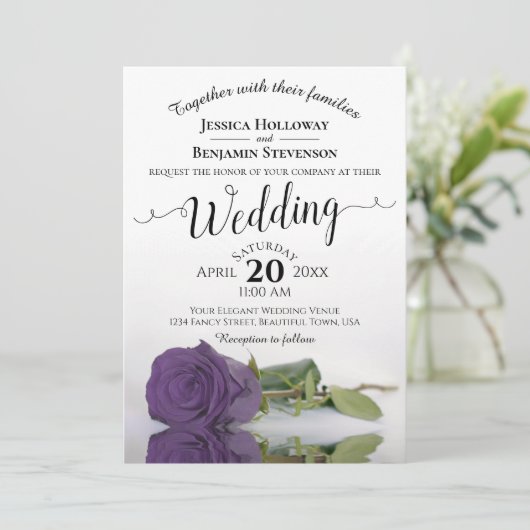 Elegant Long Stemmed Amethyst Paars Roos Wedding Kaart (Staand voorkant)