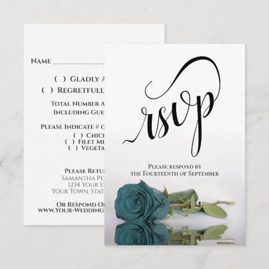 Elegant Long-Stemmed Blauwgroen Roos Wedding RSVP Kaartje (Voorkant / Achterkant)