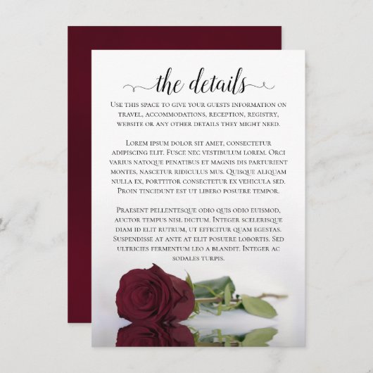 Elegant Long-Stemmed Burgundy Roos Wedding Details Informatiekaartje (Voorkant / Achterkant)