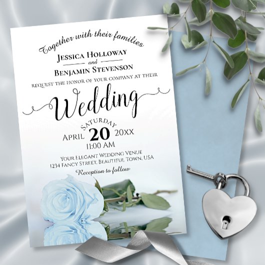Elegant Long Stemmed Dusty Blue Roos Wedding Kaart