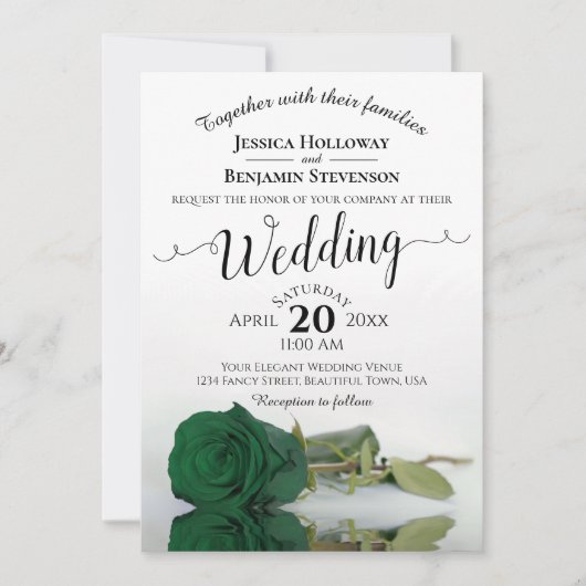 Elegant Long Stemmed Emerald Green Roos Wedding Kaart (Voorkant)