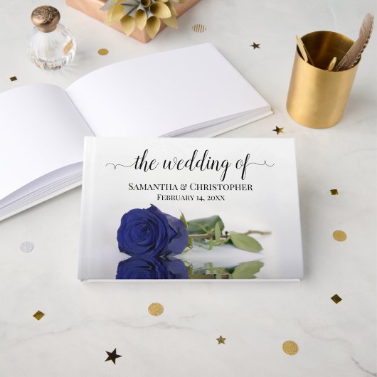 Elegant Long Stemmed Navy Blue Roos Wedding Gastenboek (Voorkant open)