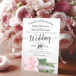 Elegant Long Stemmed Pink Rose Romantic Wedding Kaart<br><div class="desc">Deze prachtige huwelijksuitnodiging is voorzien van een modern bloemontwerp met een enkele lange,  gesteentegelde roze roze roze roze roze roze roze roos aan de zijkant,  die reflecteert in een zwembad met golven en rimpels. Het ontwerp is eenvoudig,  elegant,  romantisch en geavanceerd,  met lacy script kalligrafie en volledig aanpasbare inhoud.</div>