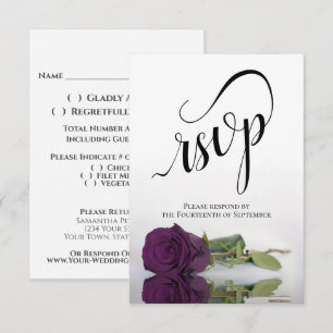 Elegant Long-Stemmed Plum Paars Roos Wedding RSVP Kaartje
