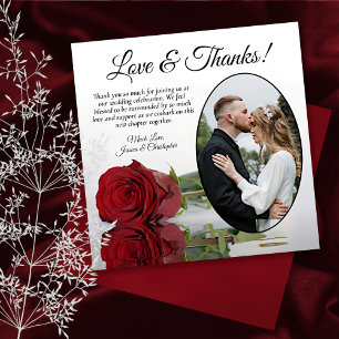 Elegant Long Stemmed Red Rose Oval Photo Weddensch Bedankkaart