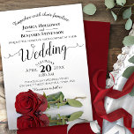 Elegant Long Stemmed Red Rose Romantic Wedding Kaart<br><div class="desc">Deze prachtige huwelijksuitnodiging is voorzien van een modern bloemontwerp met een enkele lange rode roos aan de zijkant,  die in een zwembad met golven en rimpels reflecteert. Het ontwerp is eenvoudig,  elegant,  romantisch en geavanceerd,  met lacy script kalligrafie en volledig aanpasbare inhoud.</div>