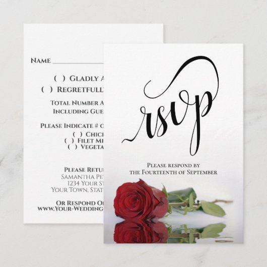 Elegant Long-Stemmed Red Rose Simple Wedding RSVP Kaartje (Voorkant / Achterkant)