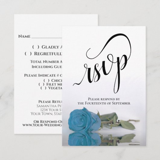 Elegant Long-Stemmed Turquoise Blue Roos Wedding RSVP Kaartje (Voorkant / Achterkant)