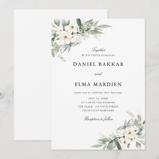 Elegant Loof Boho Waterverf Bloem Bruiloft  Kaart (Voorkant / Achterkant)