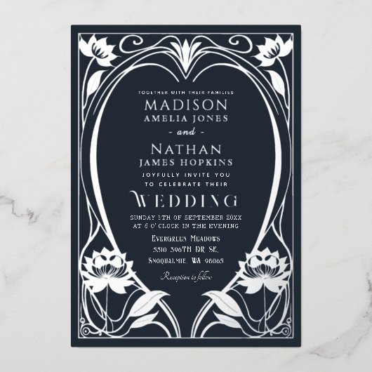 Elegant Lotus Art Nouveau Wedding Folie Uitnodigin Folie Uitnodiging (Voorkant)