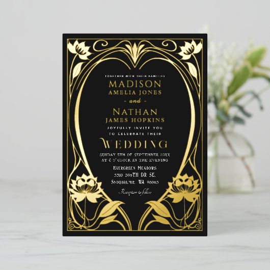Elegant Lotus Art Nouveau Wedding Folie Uitnodiging (Staand Voorkant)